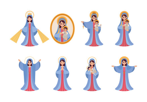 Colorful Religious Virgin Mary with Baby Illustration Design Set