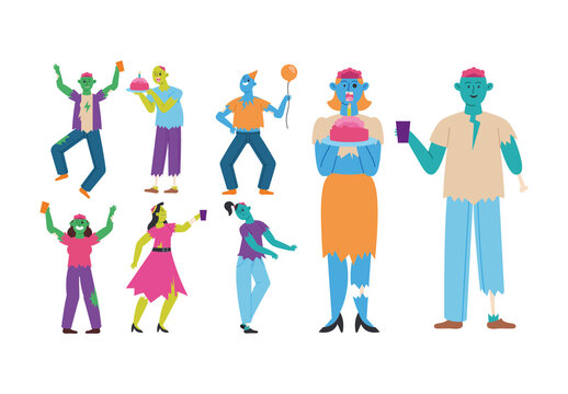 Colorful Funny Dancing Zombie Characters Icons Set