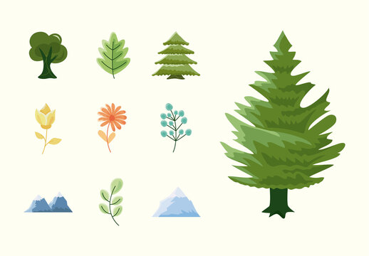 Natural Green Trees Flowers Mountains Icons Set