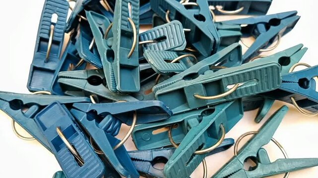 Blue laundry clips rotating on the white background, plastic clothes pins or clothes pegs for house