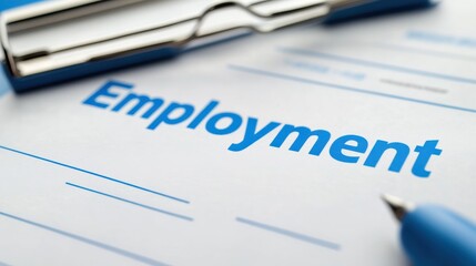 Employment Document with Blue Header and Pen on Clipboard for Job Application Process