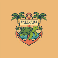 Cute Turtle Graphic Floating in Water Under Palm Trees and Sign