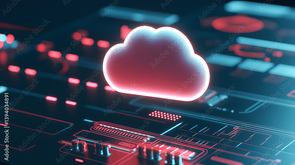 Poster floating cloud icon on digital interface technology concept futuristic environment close-up view mod