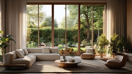 Fototapeta premium A luxurious living room with large windows overlooking the garden