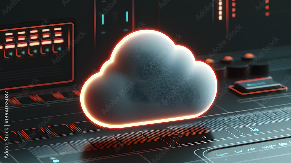 Poster floating cloud icon digital workspace 3d visualization futuristic environment tech concept for data 