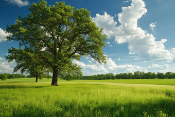 A peaceful countryside scene featuring an endless green pasture, towering oak trees, and a bright sky with fluffy white clouds drifting.