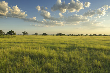 Obraz premium A quiet open plain with lush, swaying grass, occasional clusters of broadleaf trees, and a radiant sky with distant, low-hanging clouds. 