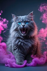 Stunning image of a fluffy gray cat with vivid blue eyes amidst a swirl of pink smoke, exuding mystery and elegance.