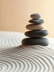 Japanese zen garden, dry garden. Pebble balancing stones in the white sand, light beige background. Concept of meditation, relaxation, harmony and balance.