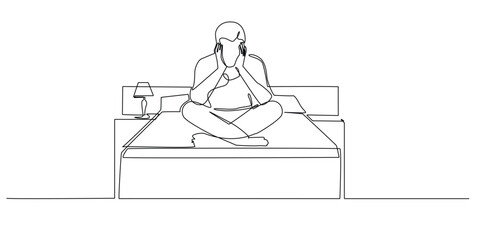 one continuous line of man pensive on bed.one line drawing of anxious man.single line vector illustration.isolated on white background