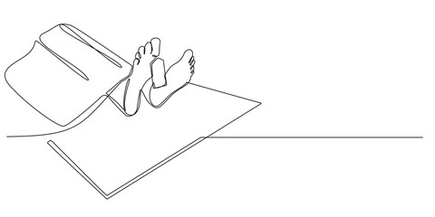 one continuous line of corpse in hospital.one line drawing of corpse leg with identity.autopsy medical field.single line vector illustration.isolated white background