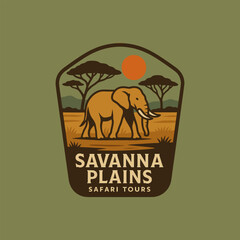 African Elephant in Savanna Landscape Graphic Travel Patch Design