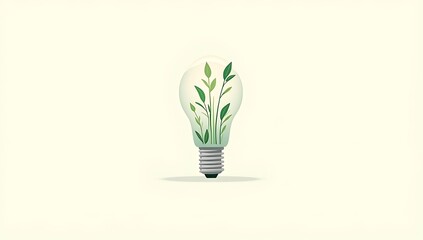 Illustration of a lightbulb growing leaves inside, combining ideas and nature, symbolizing eco-innovation, sustainable creativity, and green ideas. Modern minimal concept art.
