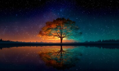A Tree of Life stands tall, surrounded by lush greenery, reflected in crystal clear water under a starry sky