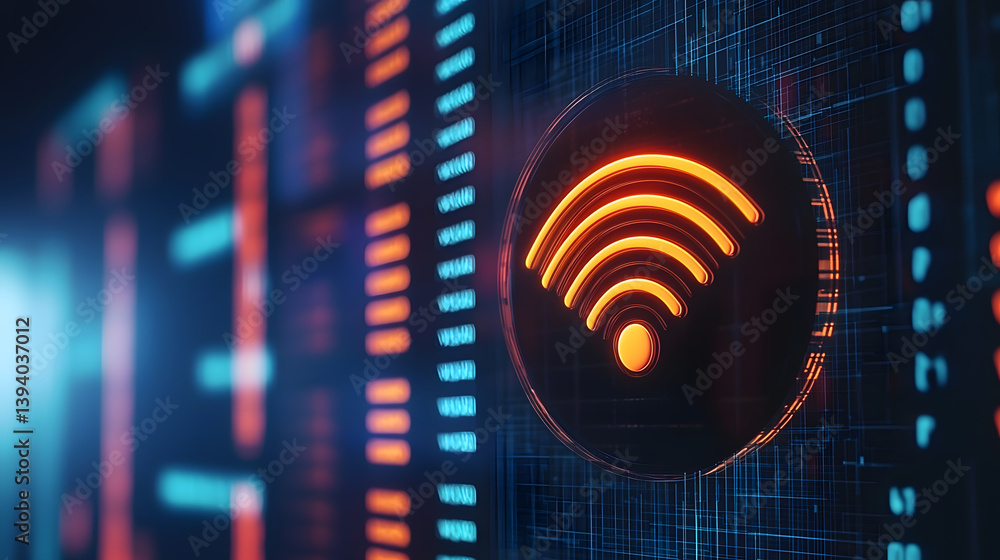 Poster wireless signal icon displayed in a high-tech data center environment highlighting connectivity and 