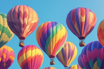 Fototapeta premium Vibrant hot air balloons floating against a bright blue sky above view