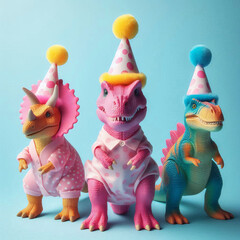 Adorable Dinosaurs in Party Costumes with Polka Dot Hats on Blue Background