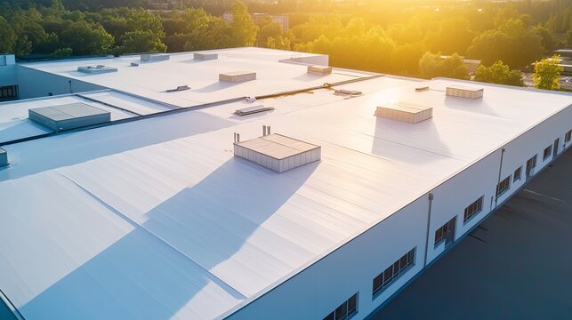 Aerial view of commercial building with flat roof and vents at sunset with trees in background