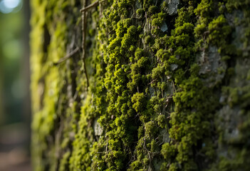 Close-up of moss-covered tree bark with natural light shadows