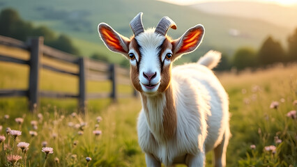 A goat with horns and a white face stands in a field of flowers. The goat is looking at the camera with a smile on its face. The scene is peaceful and serene