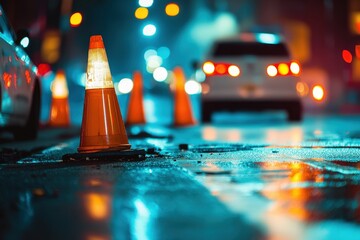 Orange traffic cones on a wet road at nighttime during city travel