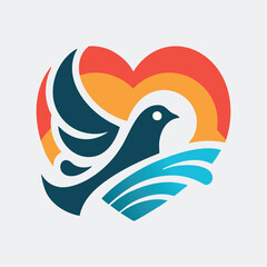Naklejka premium Graceful design featuring a flying bird, blue waves, and a warm heart. Perfect for logos, emblems, and projects celebrating nature and love.