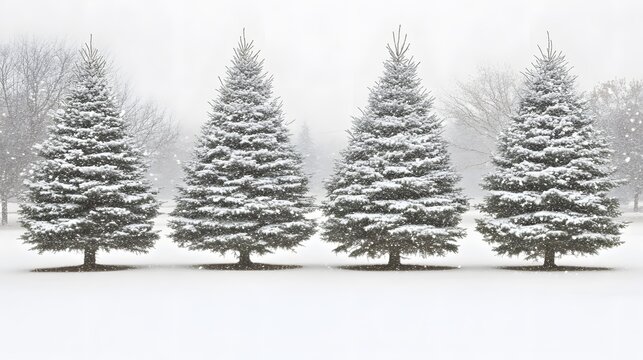 Four Snow Covered Pine Trees Winter Scene
