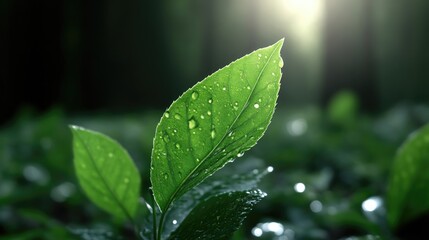 Fototapeta premium Fresh, vibrant green leaves, glistening with morning dew, bathed in sunlight. Lush foliage in a forest setting