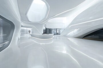 Futuristic interior with curved walls and glossy white floor
