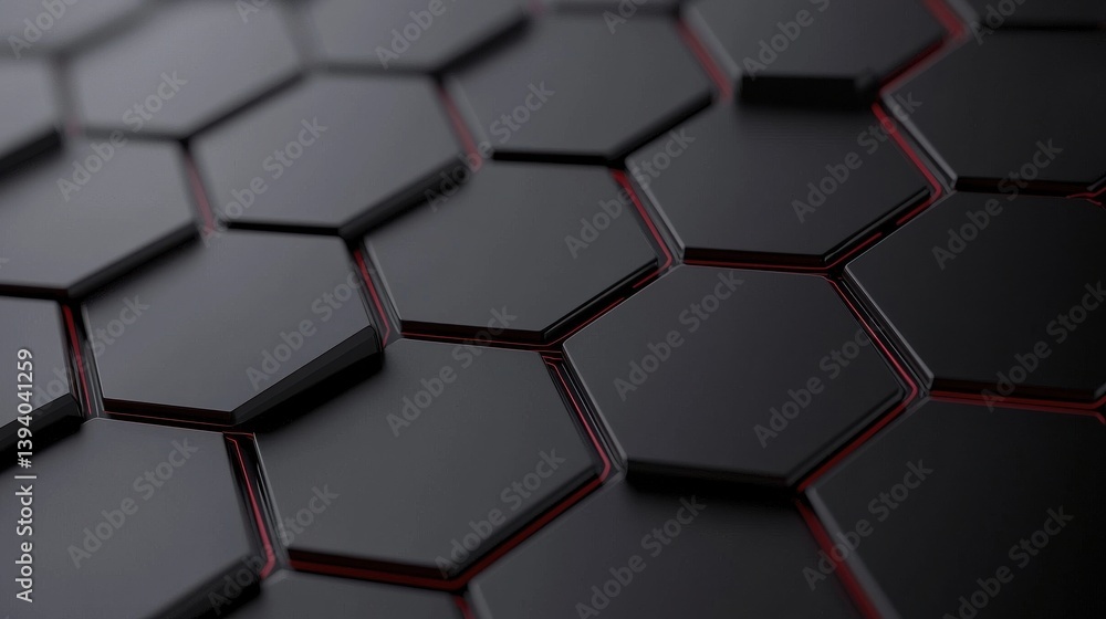 Aufkleber close-up view of black hexagonal tiles with glossy finish and subtle red accents
