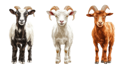 Three goats of varying colors standing together, showcasing their unique features in a serene rural setting