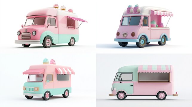 Four pastel pink and teal ice cream trucks, 3D render.