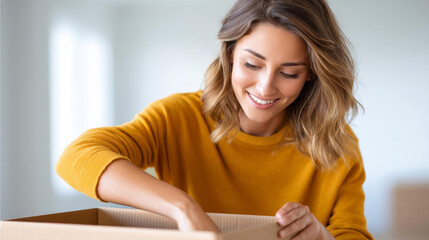 woman with joyful expression is unpacking box, showcasing excitement and curiosity