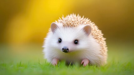 Naklejka premium Adorable little hedgehog in a grassy field. A small, fluffy, creamy-white hedgehog with golden-brown spines sits on vibrant green grass. Soft, warm golden light bathes the scene,
