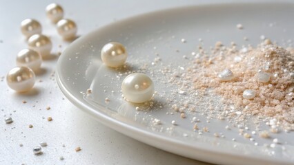 Fototapeta premium Extract for Supplementary Food Concpet. Elegant Composition of Pearls and Powder on a White Plate for Luxe Aesthetic