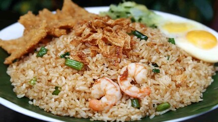 Fried rice dish with shrimp, egg, and crispy topping