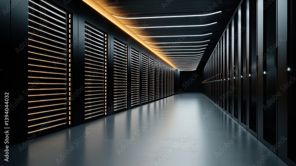 Aufkleber modern data center corridor with sleek design and ambient lighting in futuristic technology setting