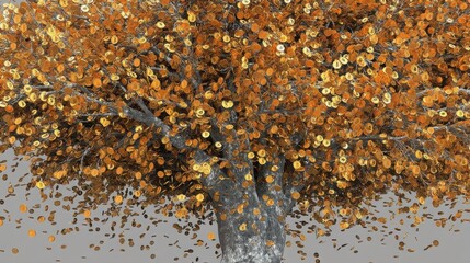 Majestic tree with abundant leaves representing growth and vitality in a 3d financial landscape of bitcoin and gold