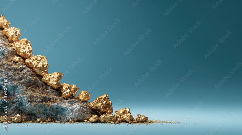Poster majestic rock formation rendered in an abstract style representing a chart rising from golden nugget