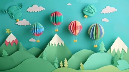 A whimsical paper art scene featuring hot air balloons and mountains.