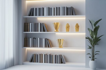 Fototapeta premium A sleek modern office corner with white bookshelf, neatly organized books cultural inclusion, gold-accented awards, soft ambient light for refined setting