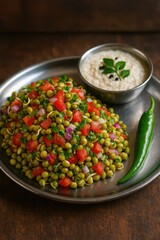 Monsoon sprouted moong salad in steel plate with coconut chutney and green chilli

