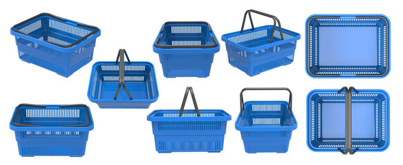 Empty plastic shopping basket. Blue plastic shopping basket isolated on transparent background.