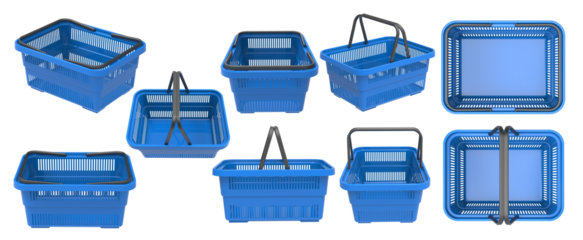 Empty plastic shopping basket. Blue plastic shopping basket isolated on transparent background.