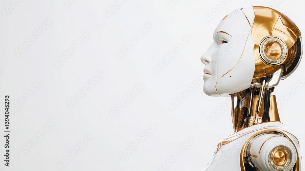 Poster futuristic robot with a gold portfolio panel displaying insights into financial management and inves