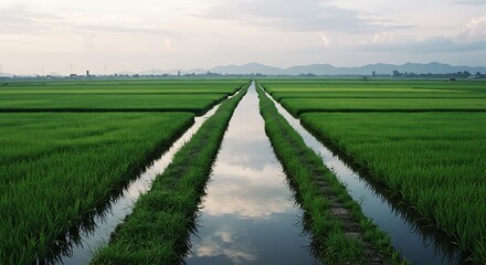 Naklejka premium Lush Green Rice Field Landscape with Waterway Reflecting Cloudy Sky