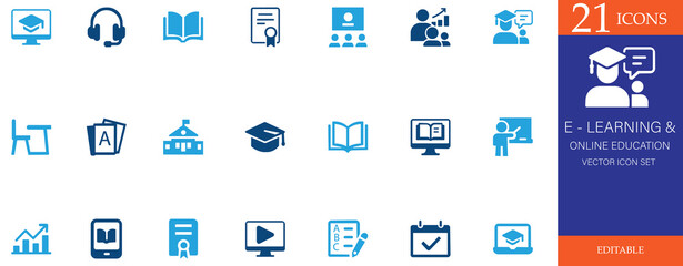 This set of 21 editable vector icons represents e-learning and online education. It includes symbols for digital learning, virtual classrooms, certification, and study tools, ideal for educational