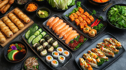 An overhead shot of a variety of sushi rolls and other asian appetizers on a dark textured surface