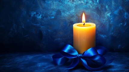 Glowing Candle with Blue Ribbon on Dark Textured Background for Remembrance and Serenity
