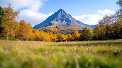 Autumnal mountain vista with vibrant foliage.  A serene landscape of golden trees and a dramatic peak against a bright sky.  A grassy meadow foreground leads the eye to a majestic mountain